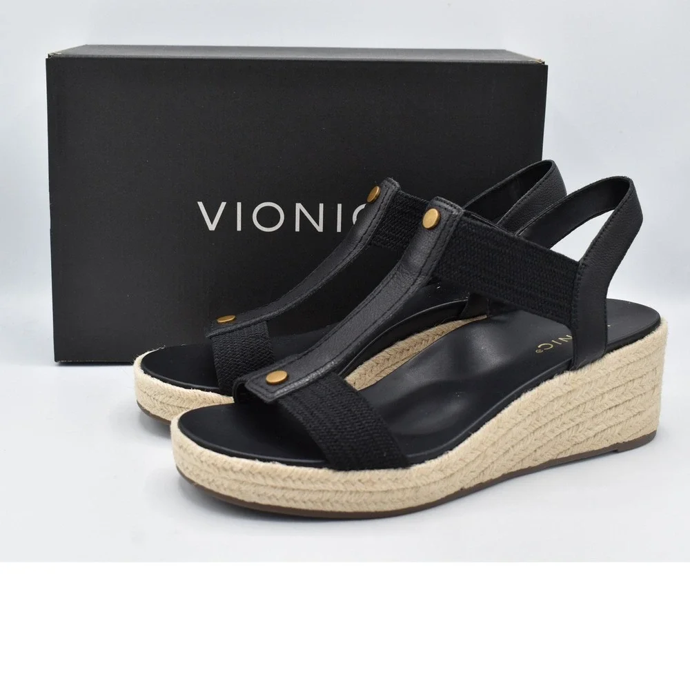Vionic Women Size 11 Calera Black Leather Stretch Espadrille Wedge Sandals Shoes